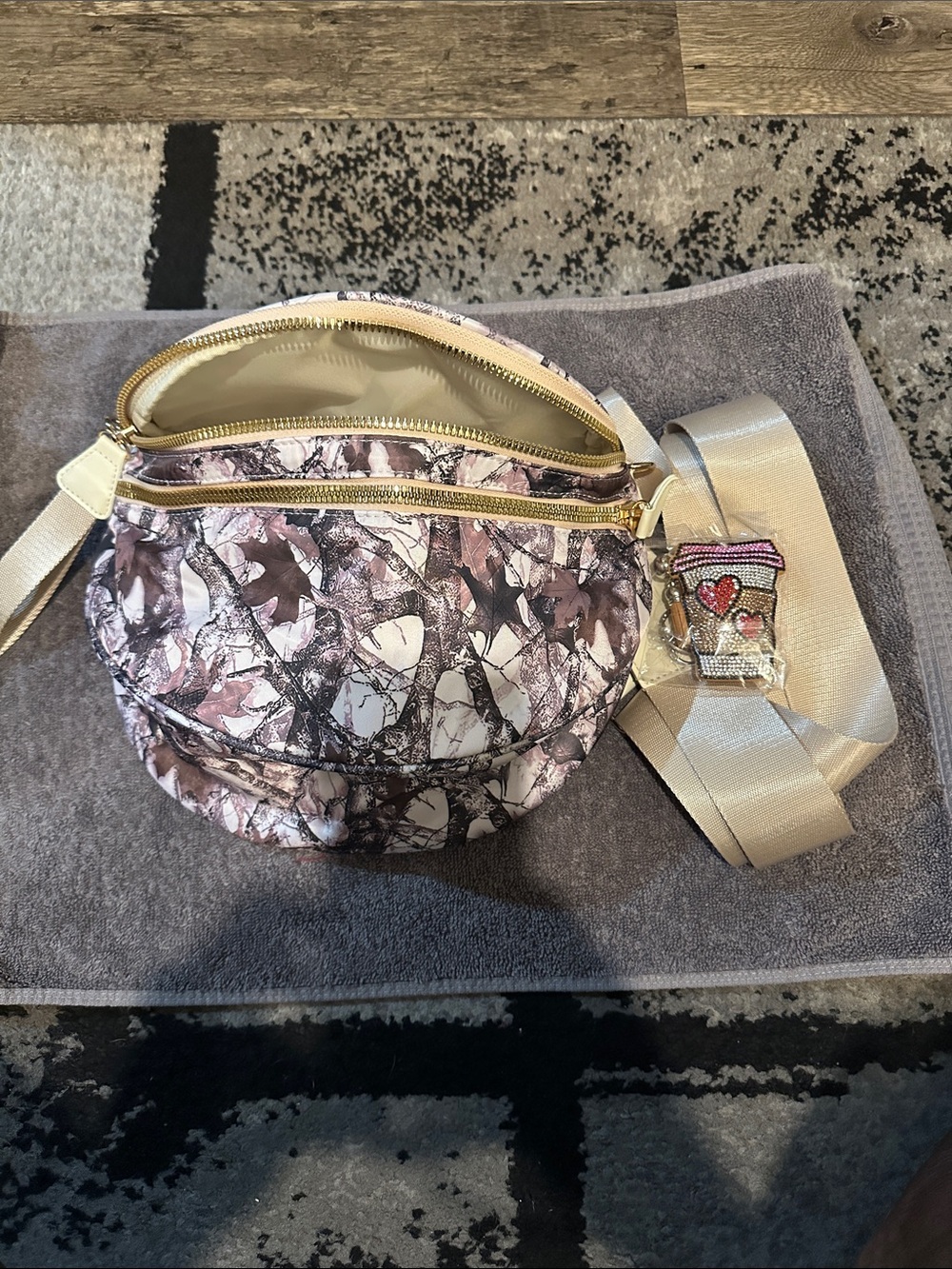 Stylish Pink Marble Crossbody Bag with Gold Zippers